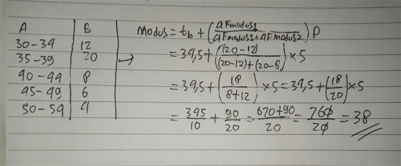 2. Tentukan modus dari data berikut: Nilai Frekuensi 30-34 4 35-39 10 40-4416 45-49 7 50-54 3-example-1