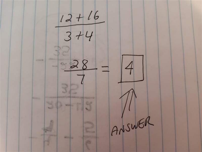 19. the sum of twelve and sixteen divided by the sum of three and four-example-1