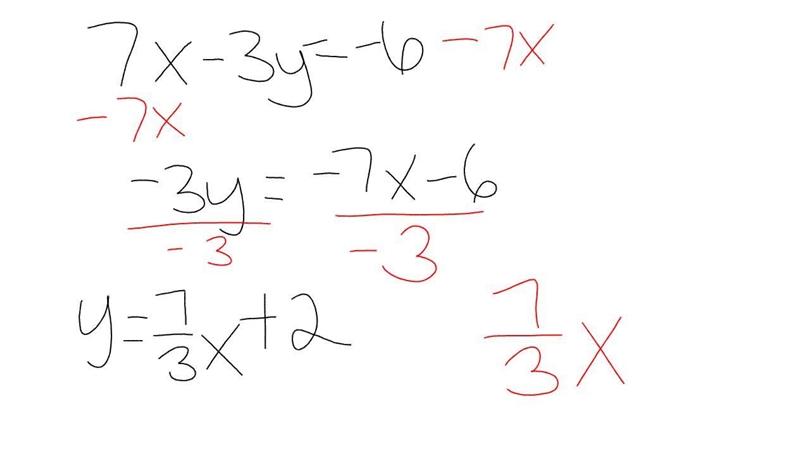 Find the slope of a line parallel to the given line: 7x - 3y = -6-example-1