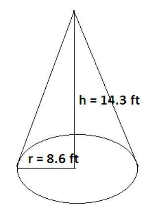 Find the volume of a right circular cone that has a height of 14.3 ft and a base with-example-1