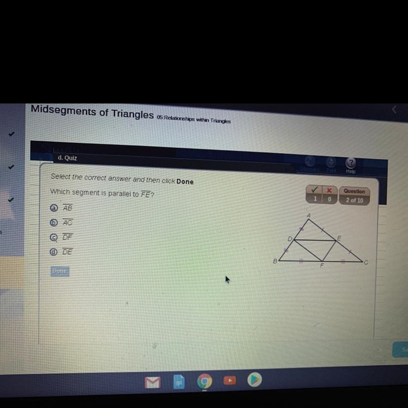 Which segment is parallel to FE?-example-1