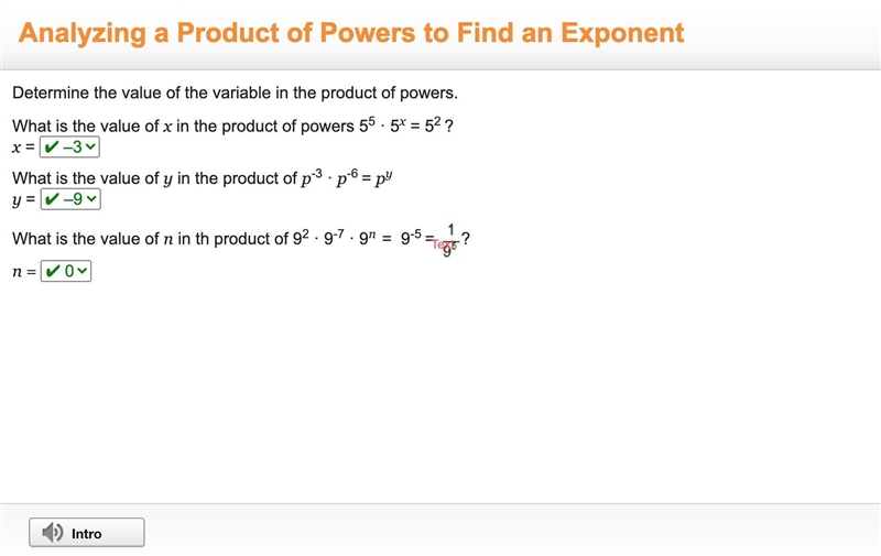 Determine the value of the variable in the product of powers. What is the value of-example-1