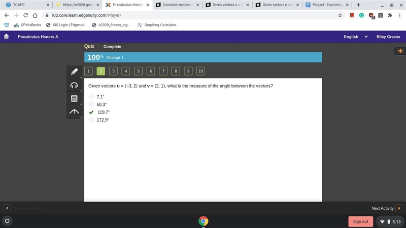 Given vectors u = ⟨–3, 2⟩ and v = ⟨2, 1⟩, what is the measure of the angle between-example-1