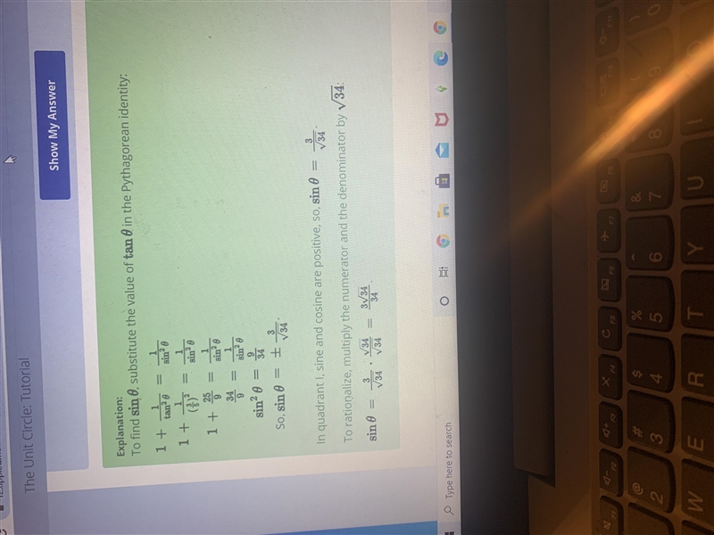 If tan(theta)=3/5 and sin(theta) is in quadrant 1, then sin(theta)= 1 + (1)/( (3)/(4) ) = (1)/( \sin-example-1