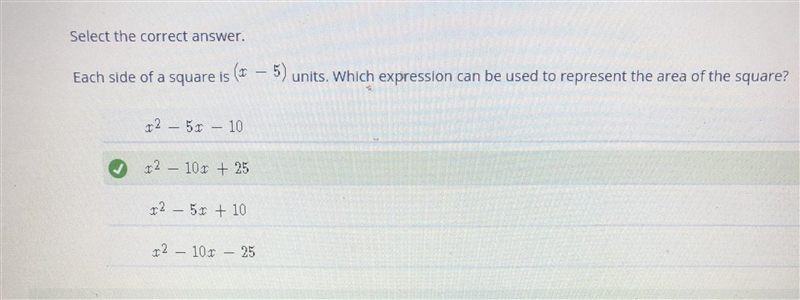 Each side of a square is (x-5) units. Which expression can be used to represent the-example-1