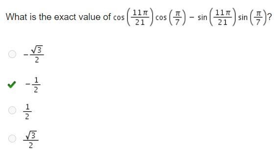 What is the exact value of Cosine (StartFraction 11 pi Over 21 EndFraction) cosine-example-1