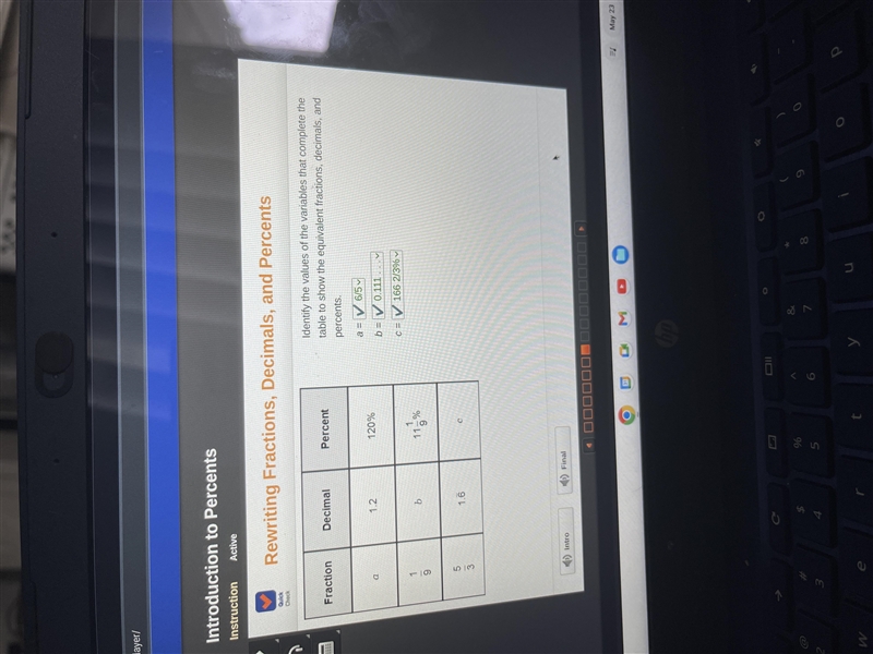 Fraction Decimal Percent Identify the values of the variables that complete the table-example-1