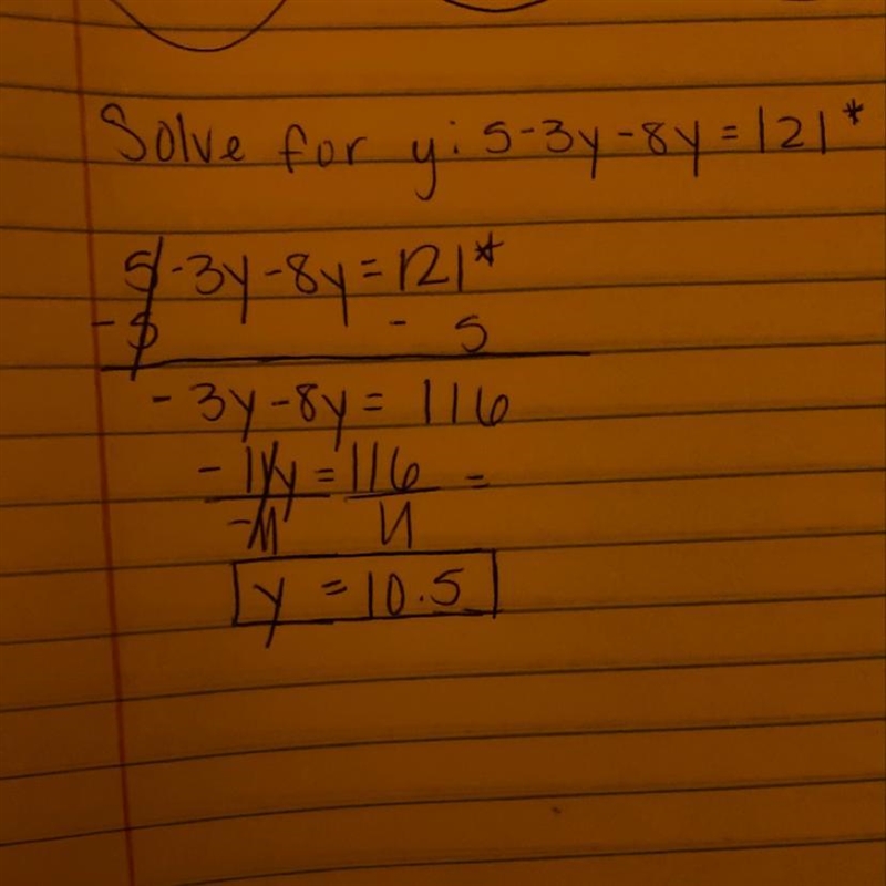 Solve for y: 5-3y - 8y = 121 *-example-1