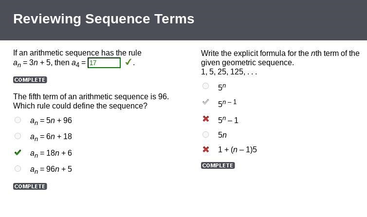 If an arithmetic sequence has the rule an = 3n + 5, then a4 = . The answer is 17-example-1