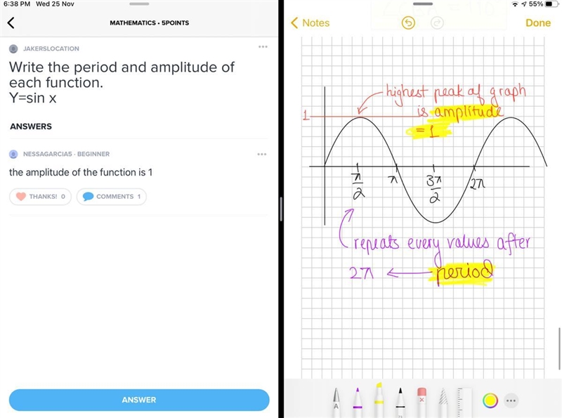 Write the period and amplitude of each function. Y=sin x​-example-1