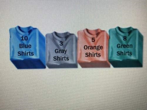 The picture shows the number of colored shirts sold this week at Joan’s Clothing Shop-example-1