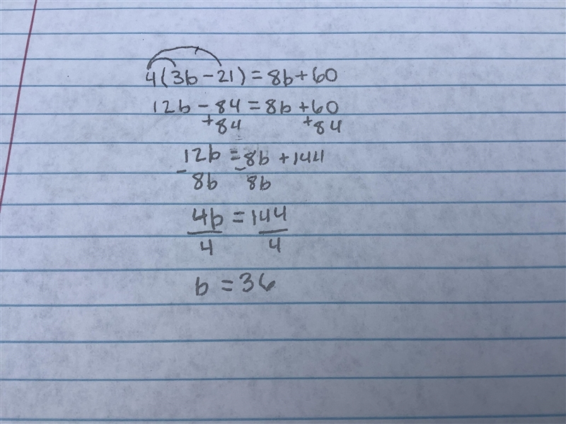 4(3b – 21) = 8b + 60 Multi step equation-example-1