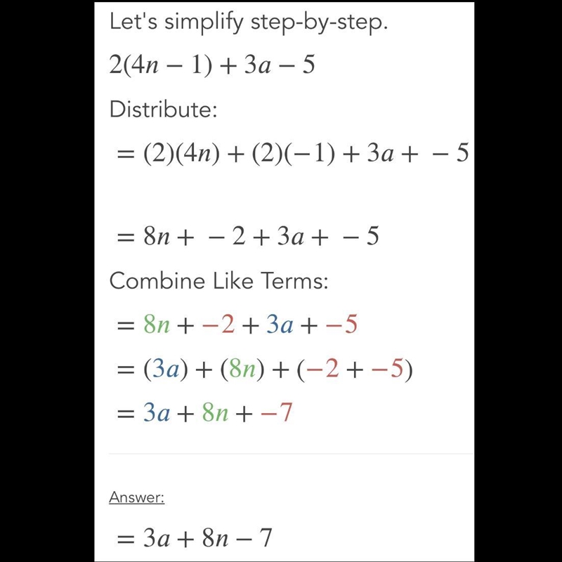 +2 ( 4n - 1 ) + ( 3a - 5) = 20 POINTS!!-example-1