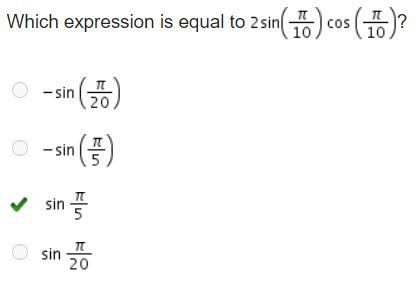 Which expression is equal to 2 sine (StartFraction pi Over 10 EndFraction) cosine-example-1