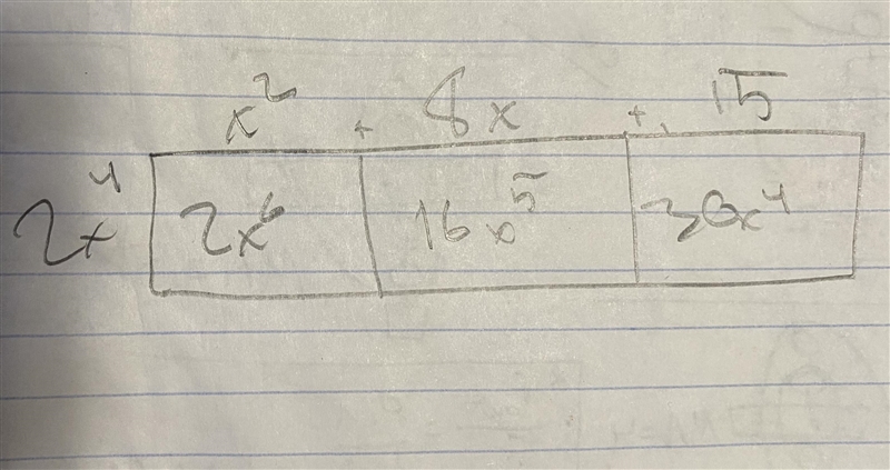 What is the are of a rectangle with the height of 2x^4 and a width of x^2+8x+15?-example-1