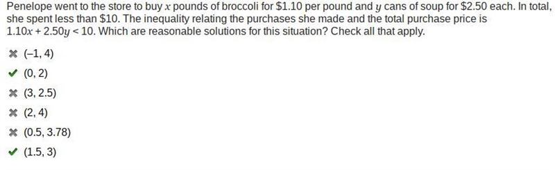 Penelope went to the store to buy x pounds of broccoli for $1.10 per pound and y cans-example-1