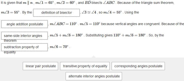 Given: m∥n , m∠1=65∘ , m∠2=60∘ , and BD−→− bisects ∠ABC . Prove: m∠6=70∘ It is given-example-1