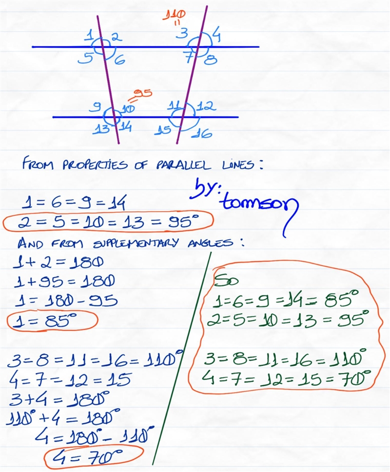 Exercise b: in this figure m 3=110 m 10=95 find the measure of each angle-example-1