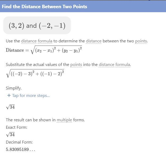 Calculate the distance between the points (3, 2) and (-2, -1).​-example-1