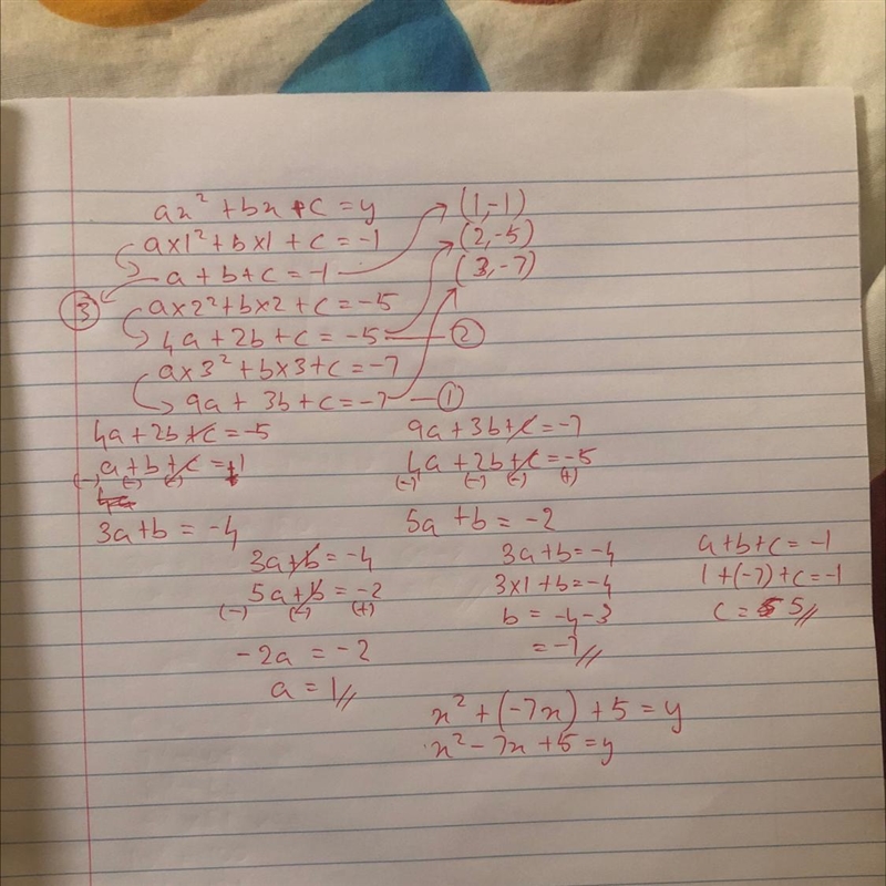 Find an equation in standard form of the parabola passing through the points. (1, −1), (2, −5), (3, −7)-example-1