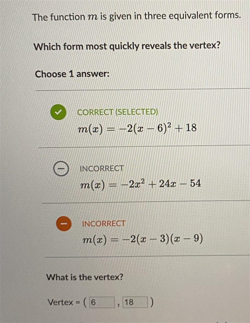 The function m is given in three equivalent forms. Which form most quickly reveals-example-1