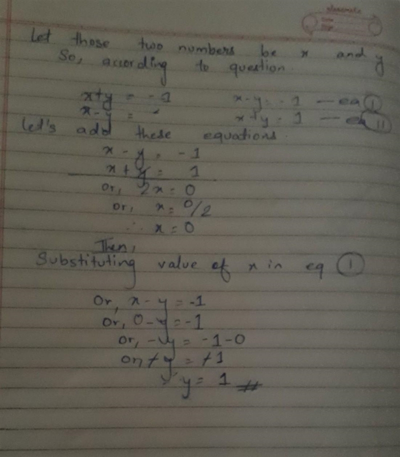 The difference between two numbers is -1 and their sum is 1. Find the two numbers-example-1