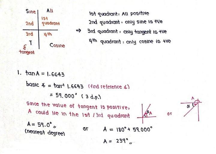 Find the measure to the nearest degree 1. tan A= 1.6643 2. sin A= 0.8480 3. cos A-example-1