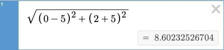 Find the length of the segment connecting (0,2) and (5,-5). Round your answer to the-example-1