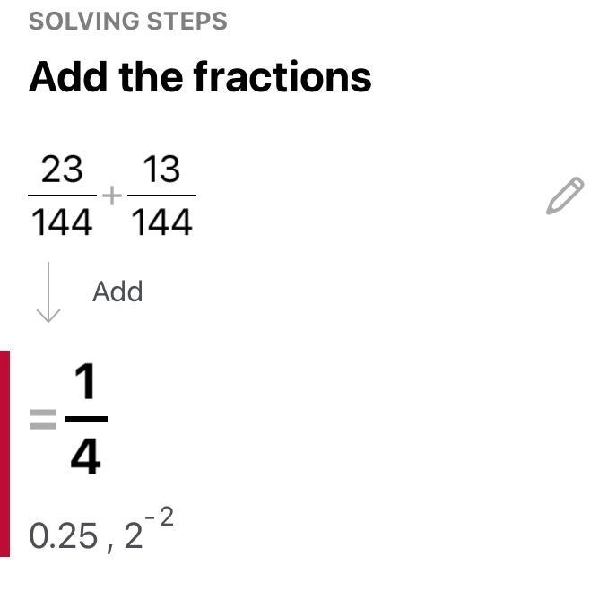 What is 23/144 + 13/144-example-1