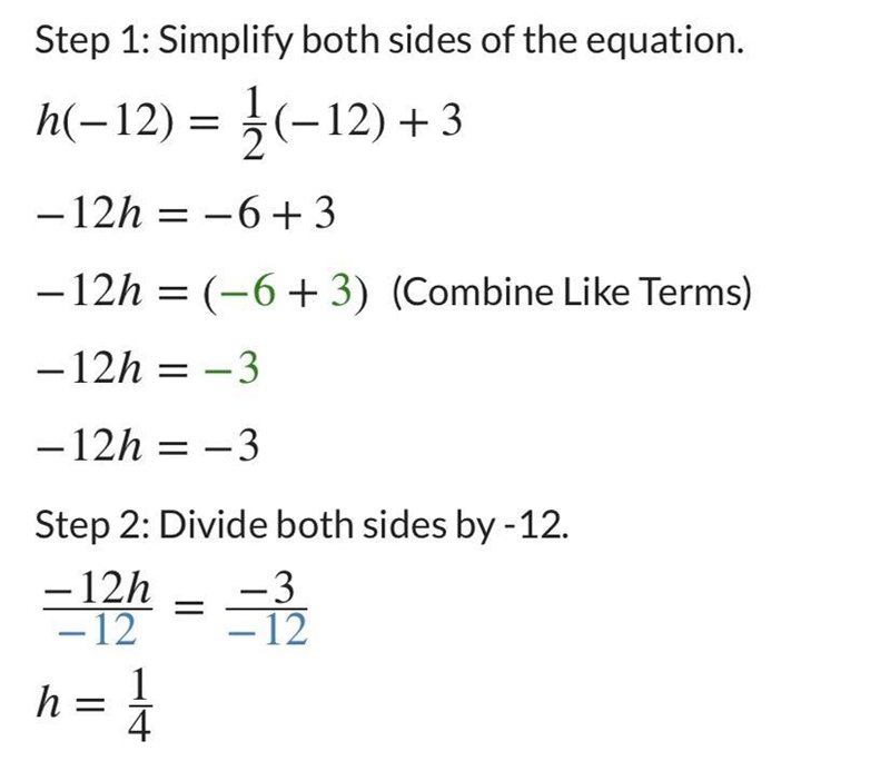 Given the function h(x)= 1/2x + 3, evaluate h(−12).-example-1