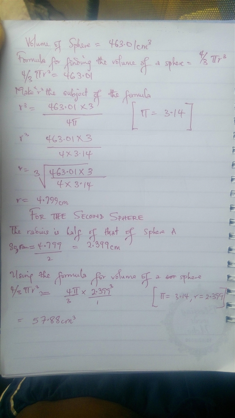 A sphere has volume 463.01 cm^3. What is the radius of the sphere? A second sphere-example-1