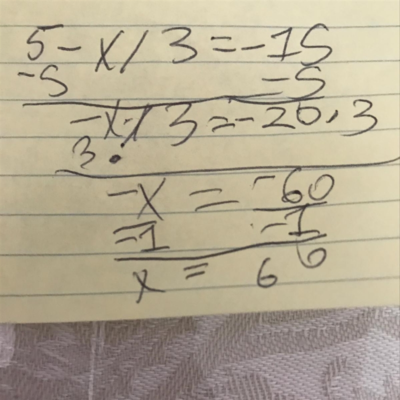 Solve for x. 5 - x /3 = -15-example-1