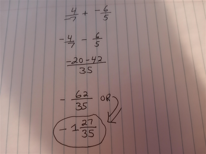 4/-7 + -6/5 In simplest form​-example-1