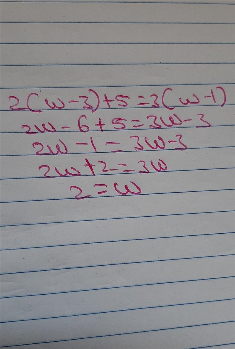 What’s the answer for 2(w-3)+5=3(w-1)-example-1