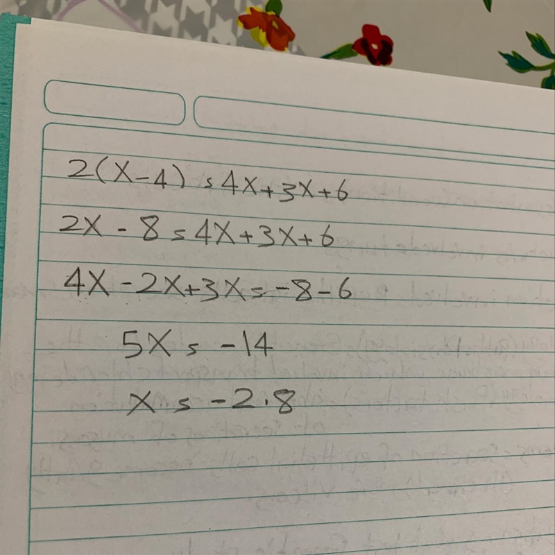 Solve the equation shown for x. 2( x - 4) = 4x + 3x + 6-example-1