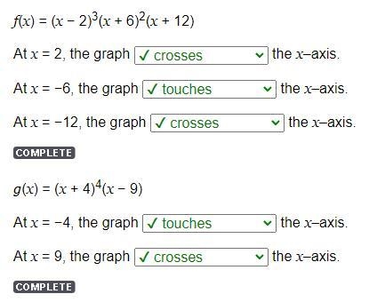 Describe the graph of the function at its roots. f(x) = (x − 2)3(x + 6)2(x + 12) At-example-1