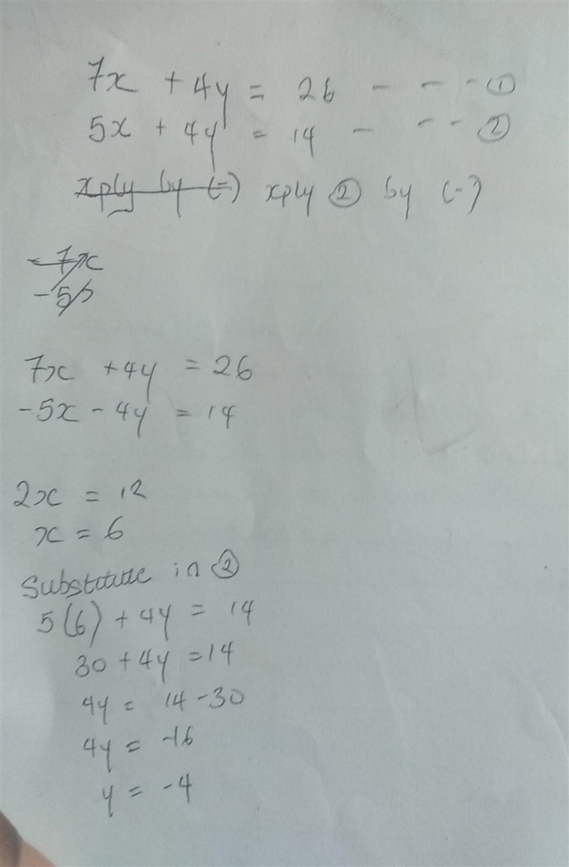 Solve the simultaneous equations 7 x + 4 y = 26 5 x + 4 y = 14-example-1