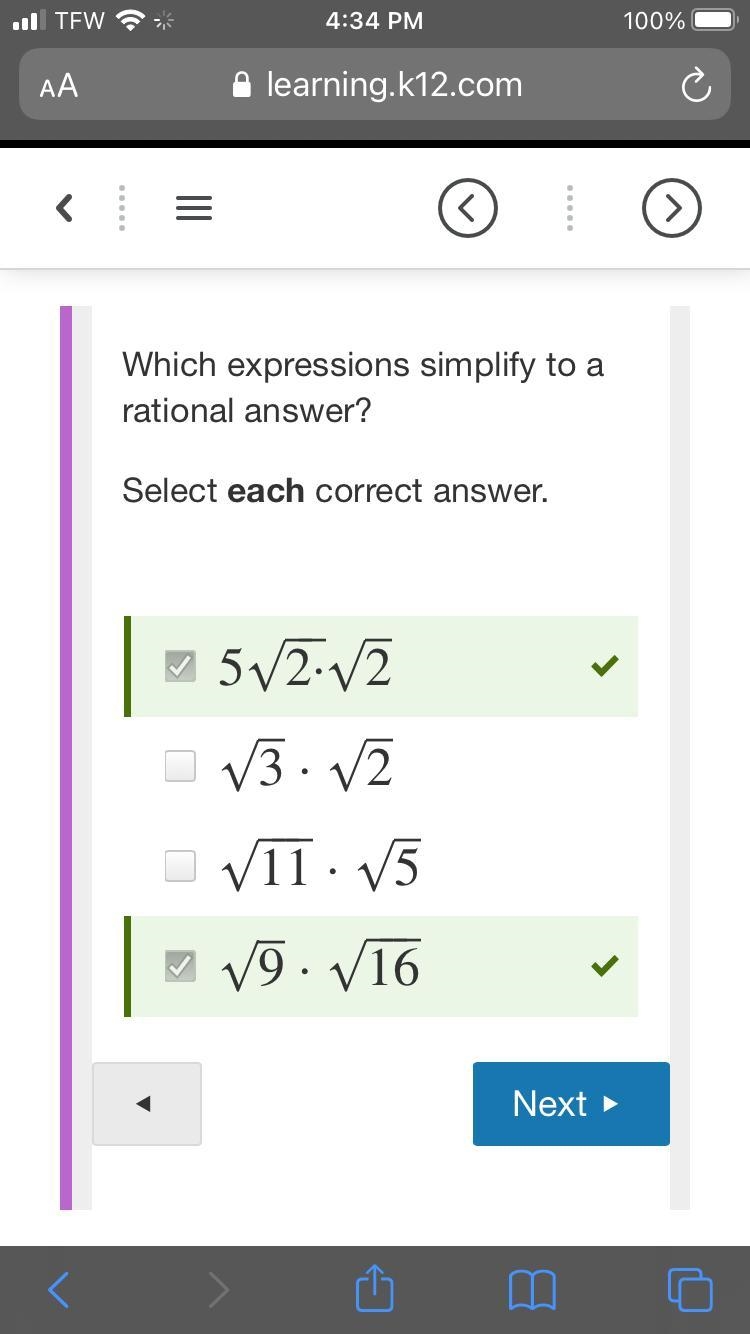 Which expressions simplify to a rational answer? Select each correct answer.-example-1