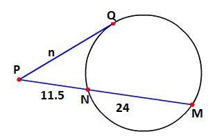 Line segment QP is tangent to the circle. A circle is shown. Secant M P and tangent-example-1