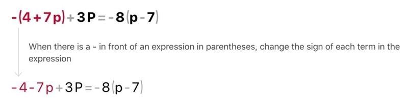 Solve each equation. 1) -(4 + 7p) + 3p = -8(p - 7)-example-1