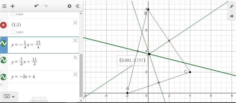 ∆ABC has vertices A(–2, 0), B(0, 8), and C(4, 2) Find the equations of the perpendicular-example-1