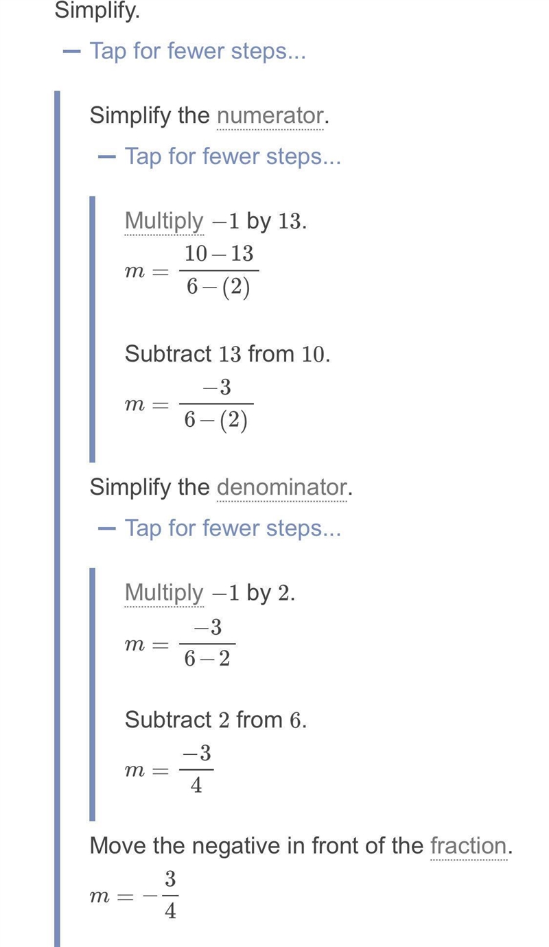 Find the slope of the line that passes through (2, 13) and (6, 10).-example-2