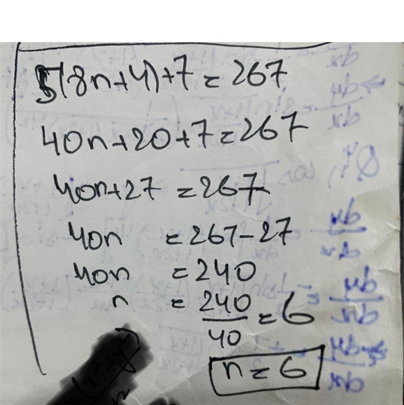 Solve the equation 267=5(8n+4) +7-example-1