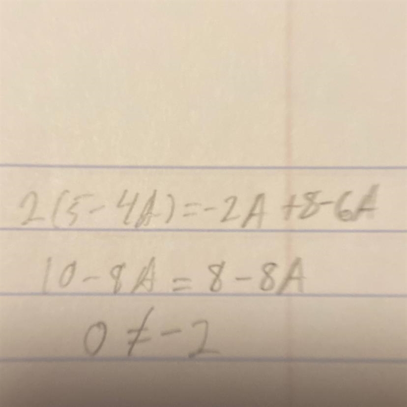 Solve: 2(5-4A)=-2A+8-6A-example-1