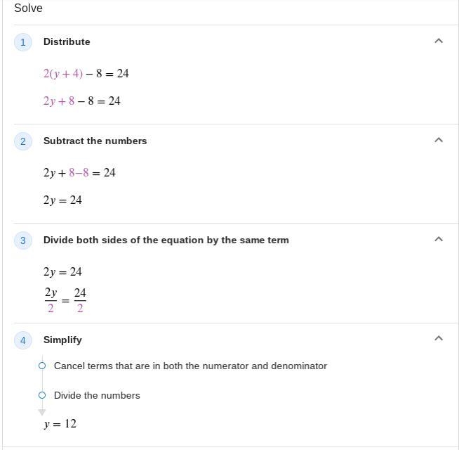 2(y+4)−8=24 what is y?-example-1