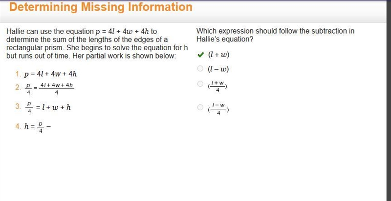 Hallie can use the equation p = 4l + 4w + 4h to determine the sum of the lengths of-example-1