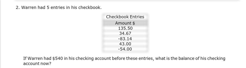 Warren had 5 entries in his checkbook. If warren had $540 in his checking account-example-1