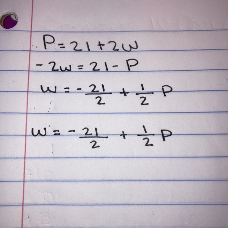 Solve P = 2l + 2w for w ( perimeter formula )-example-1