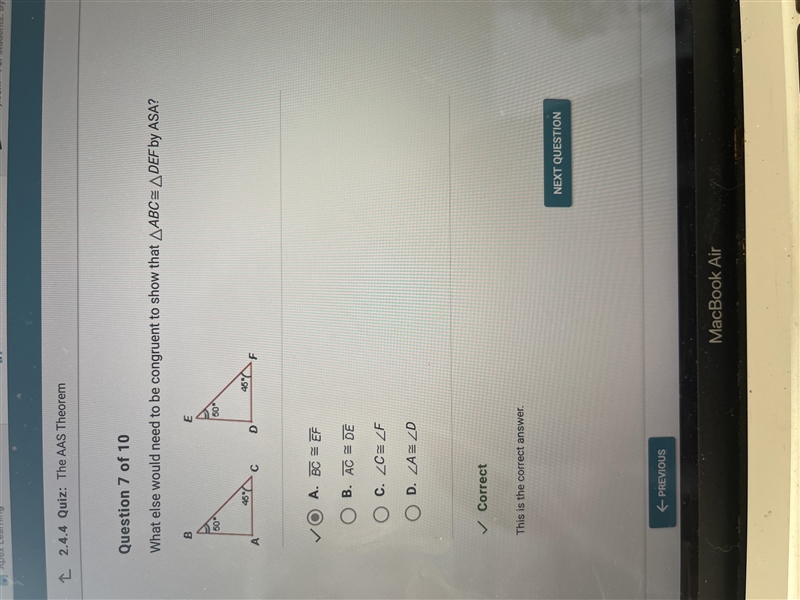 What else would need to be congruent to show that ABC was DEF by ASA-example-1