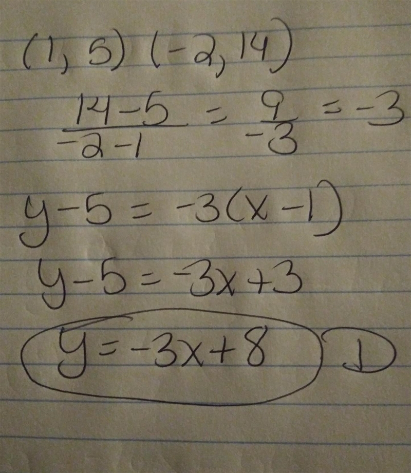 Write the equation of the line that passes through (1, 5) and (−2, 14) in slope-intercept-example-1